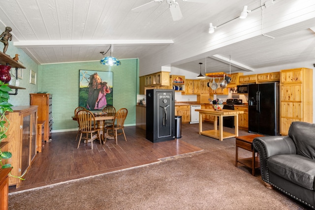 6040 Pearl Dr, Manhattan, MT 59741 - dining space with dark wood-style flooring, baseboards, ceiling fan, wooden ceiling, and dark carpet