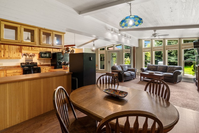 6040 Pearl Dr, Manhattan, MT 59741 - dining area with a ceiling fan, wood finished floors, and rail lighting
