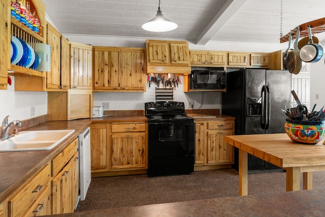 6040 Pearl Dr, Manhattan, MT 59741 - kitchen featuring black appliances, a sink, dark countertops, hanging light fixtures, and beam ceiling