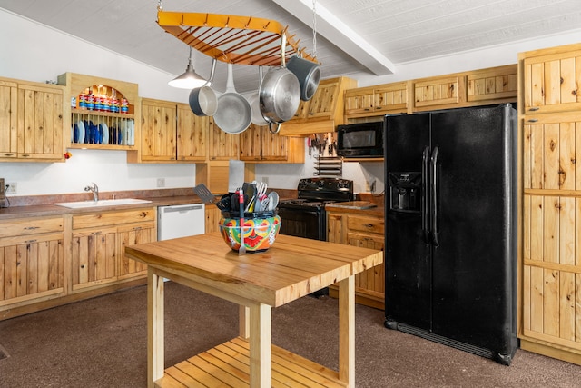 6040 Pearl Dr, Manhattan, MT 59741 - kitchen with black appliances, a sink, dark carpet, open shelves, and beamed ceiling