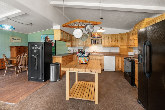 6040 Pearl Dr, Manhattan, MT 59741 - kitchen featuring black appliances, a sink, open shelves, decorative light fixtures, and wood counters