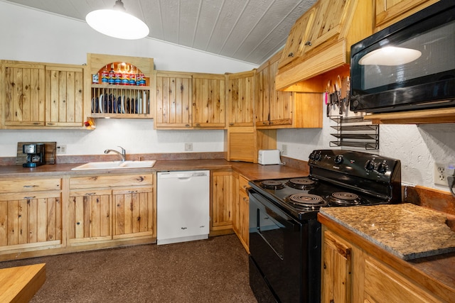 6040 Pearl Dr, Manhattan, MT 59741 - kitchen featuring black appliances, a sink, vaulted ceiling, and wooden ceiling
