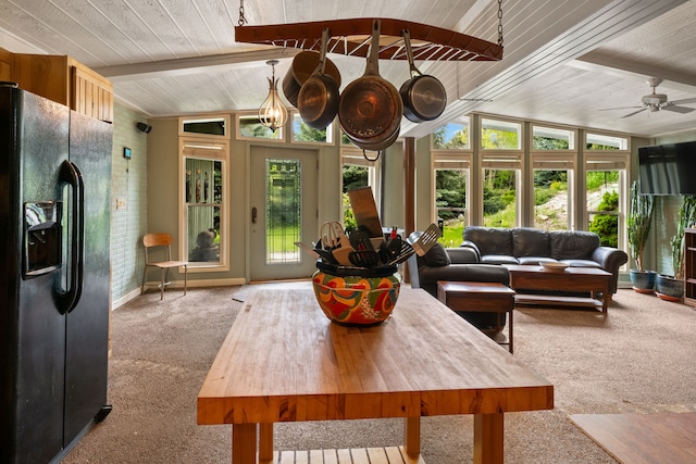 6040 Pearl Dr, Manhattan, MT 59741 - carpeted living room with ceiling fan and wooden ceiling