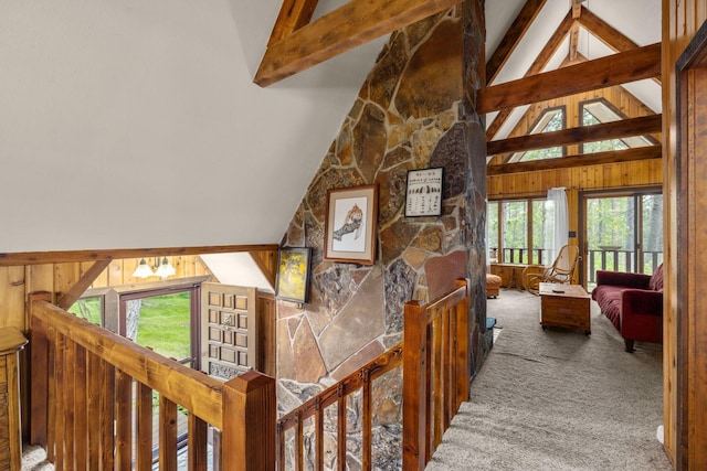 250 Sunday Ln, Kalispell, MT 59901 - hall with carpet flooring, beam ceiling, and high vaulted ceiling