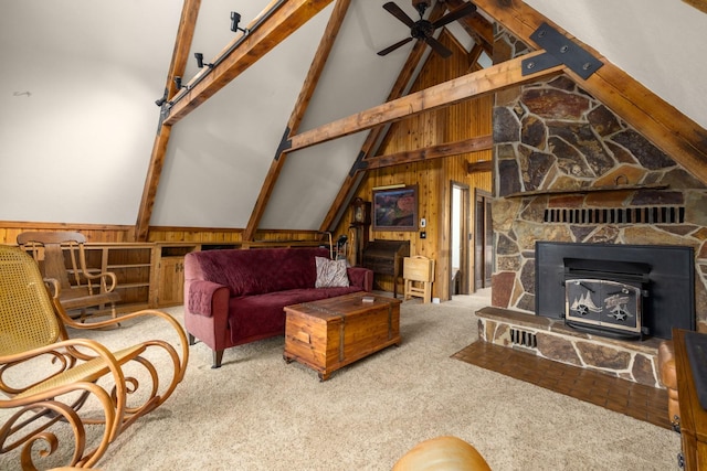 250 Sunday Ln, Kalispell, MT 59901 - carpeted living room featuring ceiling fan and wooden walls