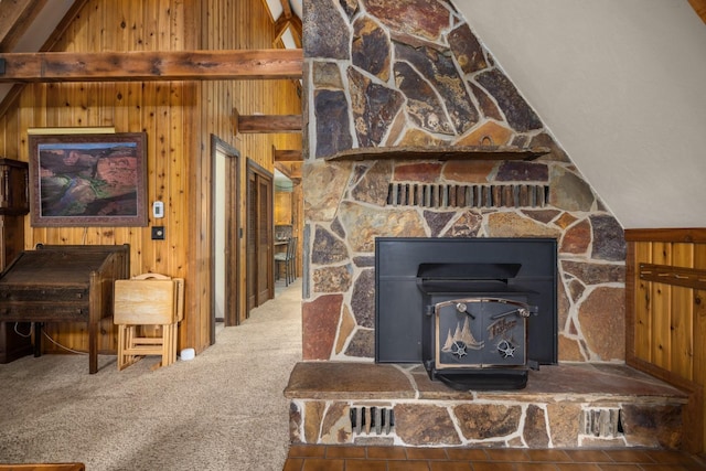 250 Sunday Ln, Kalispell, MT 59901 - detailed view of wooden walls, carpet floors, and a wood stove