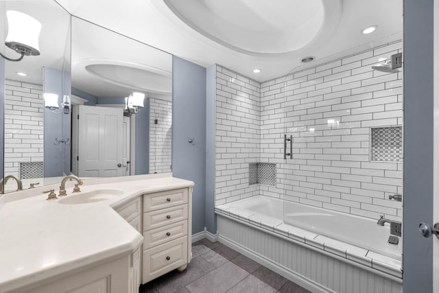 360 Plantation Dr, Kalispell, MT 59901 - bathroom featuring tile patterned floors, vanity, bathing tub / shower combination, recessed lighting, and baseboards