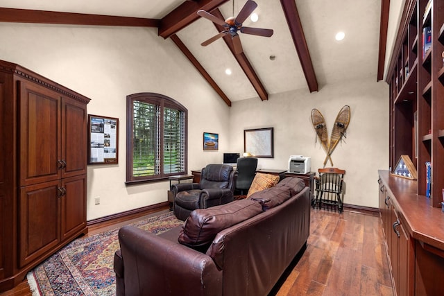 360 Plantation Dr, Kalispell, MT 59901 - living room featuring beam ceiling, dark wood-type flooring, ceiling fan, recessed lighting, and a desk