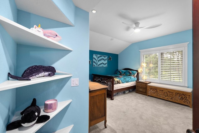 360 Plantation Dr, Kalispell, MT 59901 - bedroom with lofted ceiling, light colored carpet, and a ceiling fan