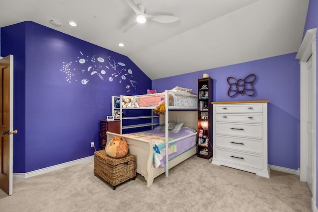 360 Plantation Dr, Kalispell, MT 59901 - bedroom with light carpet, lofted ceiling, ceiling fan, baseboards, and recessed lighting