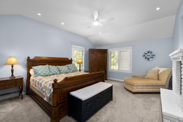 360 Plantation Dr, Kalispell, MT 59901 - bedroom with vaulted ceiling, light colored carpet, recessed lighting, a ceiling fan, and baseboards