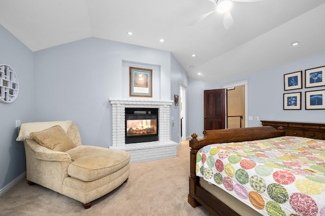 360 Plantation Dr, Kalispell, MT 59901 - carpeted bedroom with lofted ceiling, a fireplace, recessed lighting, and ceiling fan