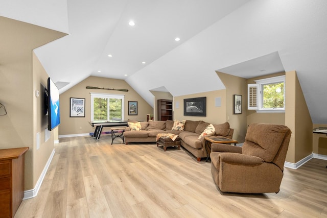 360 Plantation Dr, Kalispell, MT 59901 - living area with light wood-type flooring, vaulted ceiling, and recessed lighting
