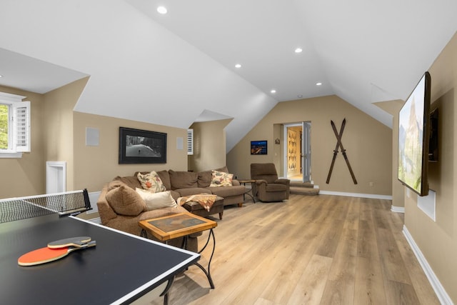360 Plantation Dr, Kalispell, MT 59901 - rec room featuring light wood finished floors, recessed lighting, lofted ceiling, and baseboards