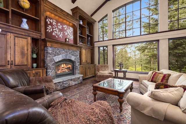 360 Plantation Dr, Kalispell, MT 59901 - living room featuring high vaulted ceiling, a fireplace, dark wood-style floors, and built in features