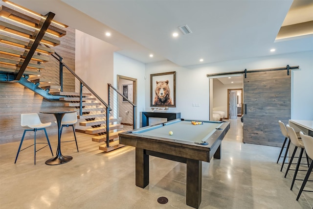 175 N Prairiesmoke Cir, Whitefish, MT 59937 - playroom with concrete flooring, a barn door, recessed lighting, and pool table