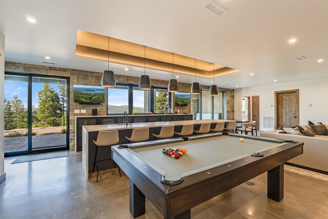 175 N Prairiesmoke Cir, Whitefish, MT 59937 - rec room featuring a sink, concrete floors, a raised ceiling, recessed lighting, and billiards
