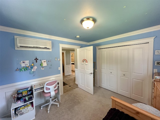 2413 Capstone Ct, Thompson Falls, MT 59873 - bedroom with a wall mounted AC, ornamental molding, wainscoting, a closet, and light colored carpet