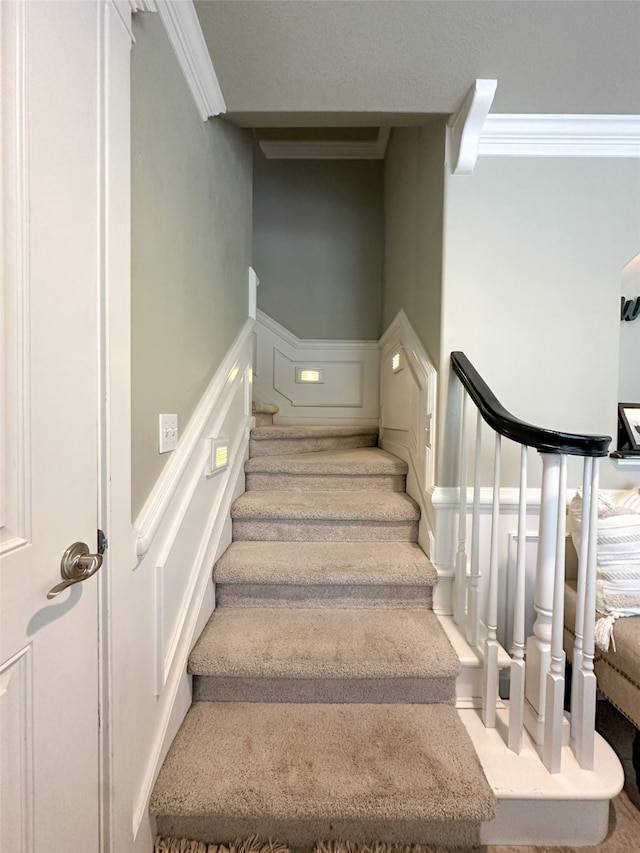 2413 Capstone Ct, Thompson Falls, MT 59873 - stairway featuring crown molding, a decorative wall, carpet floors, and wainscoting