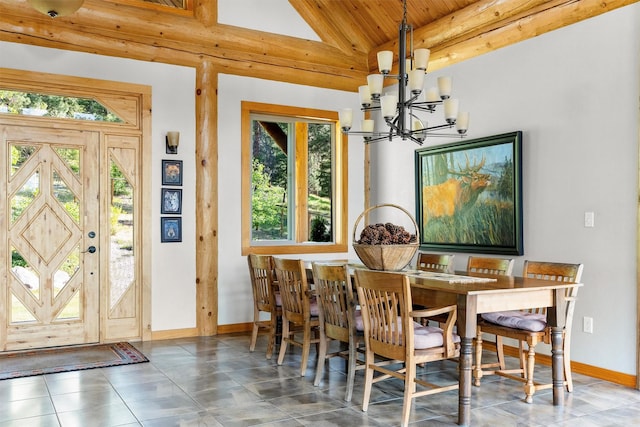956 Falling Star Rd, Victor, MT 59875 - dining area with wood ceiling, a chandelier, plenty of natural light, and tile patterned flooring