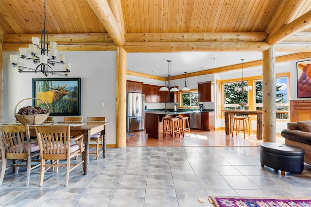 956 Falling Star Rd, Victor, MT 59875 - dining room with a chandelier, a wooden ceiling with exposed beams, and light tile patterned floors