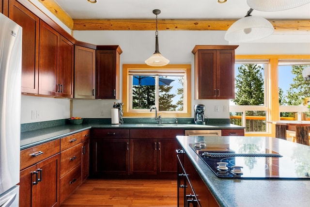 956 Falling Star Rd, Victor, MT 59875 - kitchen featuring freestanding refrigerator, black electric stovetop, plenty of natural light, beam ceiling, and dark countertops