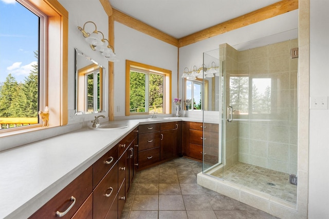 956 Falling Star Rd, Victor, MT 59875 - bathroom with vanity, a stall shower, and tile patterned floors