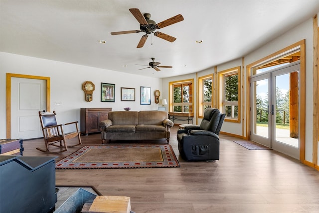 956 Falling Star Rd, Victor, MT 59875 - living room featuring wood finished floors, recessed lighting, and ceiling fan