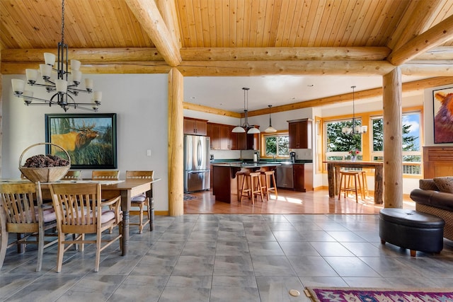 956 Falling Star Rd, Victor, MT 59875 - dining room featuring a chandelier, a wood ceiling with exposed beams, and tile patterned floors