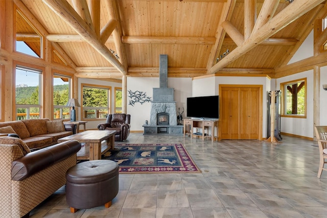 956 Falling Star Rd, Victor, MT 59875 - living room featuring plenty of natural light, a wooden ceiling with exposed beams, high vaulted ceiling, and a wood stove