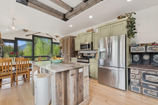 103 Glacier Hills Dr E, Martin City, MT 59926 - kitchen with stainless steel appliances, green cabinets, light wood-style flooring, and recessed lighting