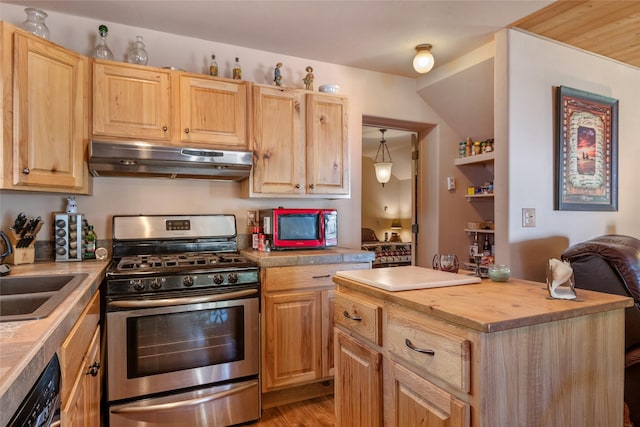18711 Copper Ridge Trl, Florence, MT 59833 - kitchen featuring stainless steel range with gas stovetop, under cabinet range hood, wood counters, and light brown cabinetry