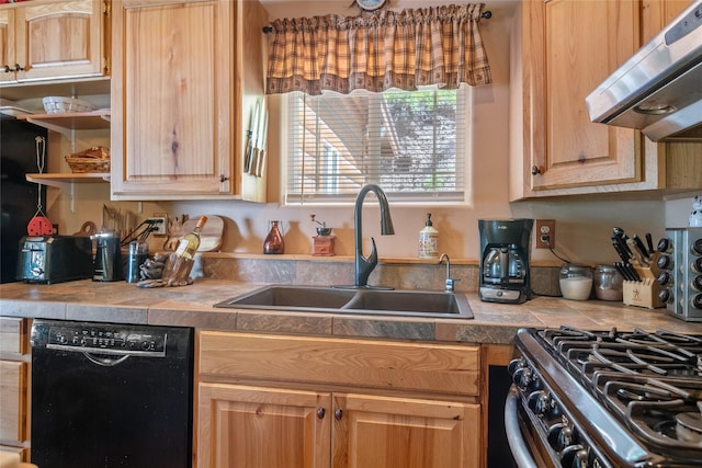 18711 Copper Ridge Trl, Florence, MT 59833 - kitchen with black dishwasher, a sink, exhaust hood, range with gas stovetop, and light brown cabinetry