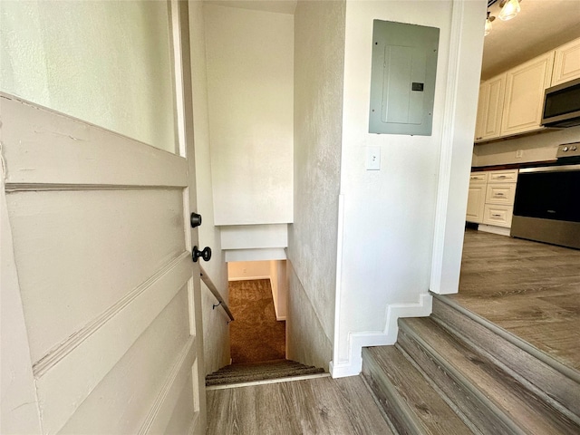 2513 8th Ave N, Great Falls, MT 59401 - stairway with electric panel, wood finished floors, and baseboards