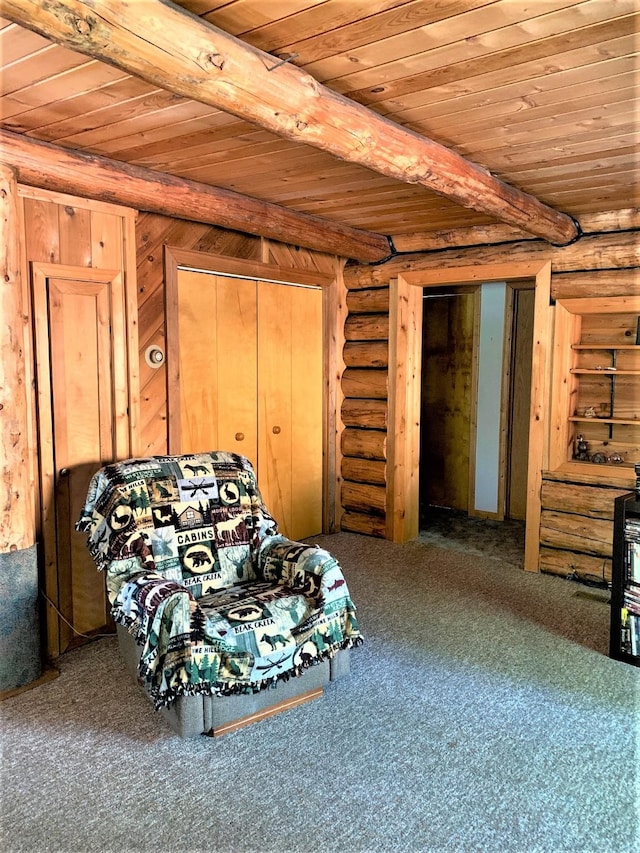 7191 Boy Scout Rd, Seeley Lake, MT 59868 - bedroom featuring a wood ceiling with exposed beams, carpet, and log walls