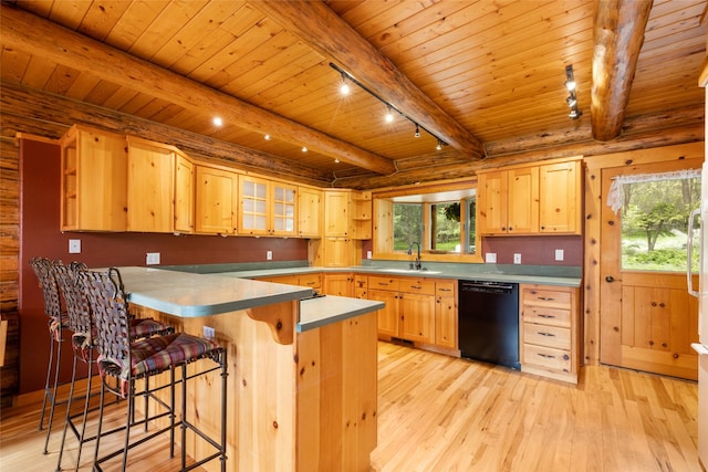 1473 Foothill Rd, Kalispell, MT 59901 - kitchen with dishwasher, light brown cabinetry, rail lighting, and a wooden ceiling with exposed beams