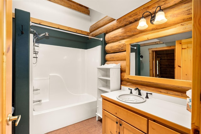 1473 Foothill Rd, Kalispell, MT 59901 - bathroom featuring rustic walls, shower / tub combination, vanity, and tile patterned floors
