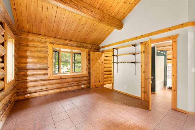 1473 Foothill Rd, Kalispell, MT 59901 - unfurnished room with rustic walls, wooden ceiling, and light tile patterned flooring
