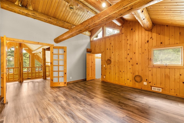 1473 Foothill Rd, Kalispell, MT 59901 - unfurnished living room with wooden ceiling, wood finished floors, plenty of natural light, and wood walls