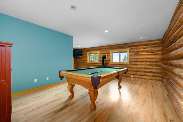 1473 Foothill Rd, Kalispell, MT 59901 - rec room with rustic walls, wood finished floors, billiards, and recessed lighting