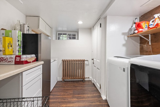322 W Lawrence St, Helena, MT 59601 - laundry room featuring radiator heating unit, separate washer and dryer, dark wood-style flooring, and recessed lighting