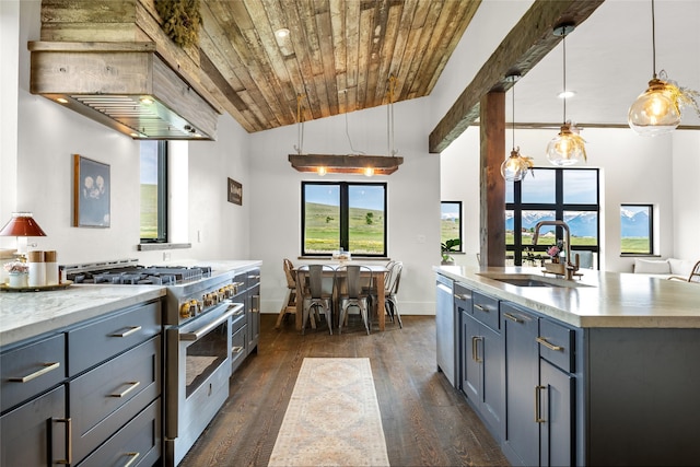 42730 Ridgeway Rd, Charlo, MT 59824 - kitchen featuring a sink, appliances with stainless steel finishes, wooden ceiling, dark wood-type flooring, and hanging light fixtures