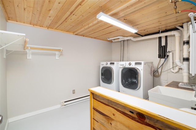 413 S Oak St, Townsend, MT 59644 - laundry area with independent washer and dryer, baseboard heating, and wood ceiling