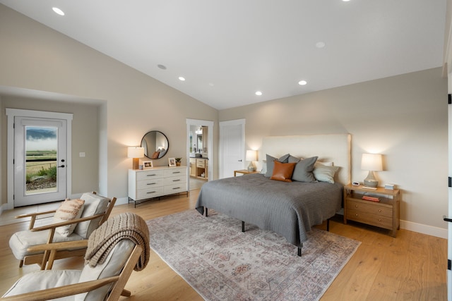 4910 Lauryn Ct, Helena, MT 59602 - bedroom with access to outside, recessed lighting, light wood-style floors, and high vaulted ceiling