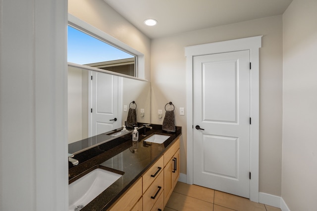 4910 Lauryn Ct, Helena, MT 59602 - full bathroom with tile patterned flooring, double vanity, and recessed lighting