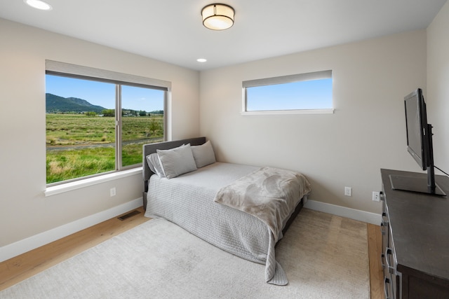 4910 Lauryn Ct, Helena, MT 59602 - bedroom featuring baseboards, recessed lighting, light wood finished floors, and a mountain view