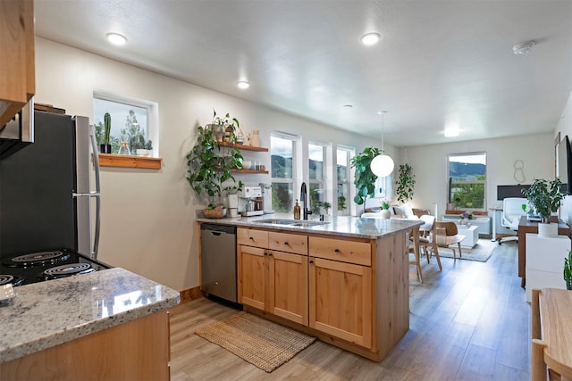 1245 Waverly St Unit 301, Missoula, MT 59802 - kitchen featuring appliances with stainless steel finishes, a sink, a peninsula, open shelves, and light wood-style floors