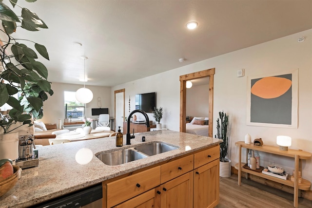 1245 Waverly St Unit 301, Missoula, MT 59802 - kitchen with a sink, light wood finished floors, stainless steel dishwasher, open floor plan, and light stone countertops