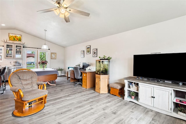 435 6th Ave NW, Ronan, MT 59864 - living room featuring light wood-style floors, ceiling fan, lofted ceiling, and an office area