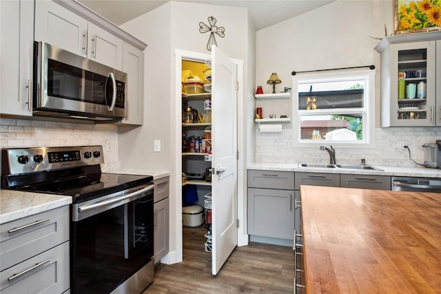 435 6th Ave NW, Ronan, MT 59864 - kitchen with appliances with stainless steel finishes, a sink, gray cabinets, wooden counters, and dark wood-style flooring
